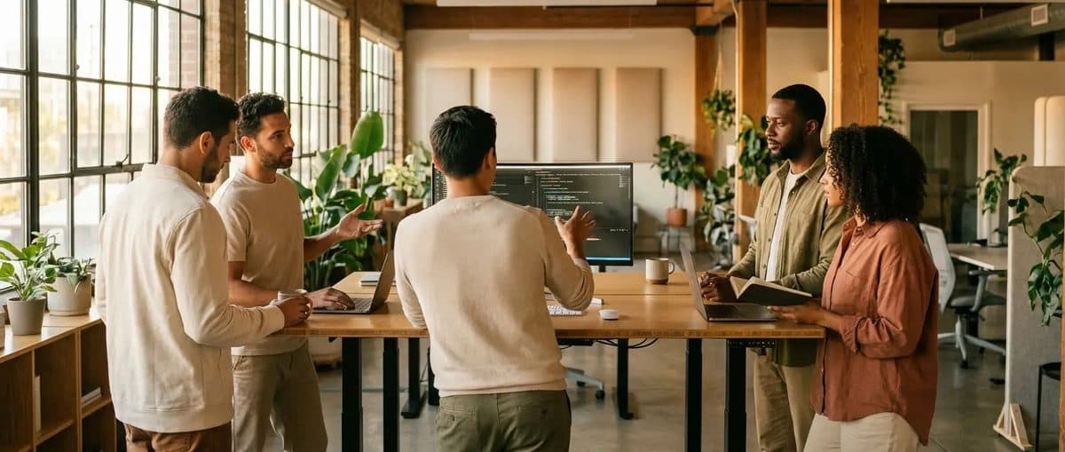 Tech team collaborating in a modern open-plan office